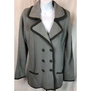 Vintage Sweater Cardigan M Gray Crochet Button Front Pockets Classic Grandma